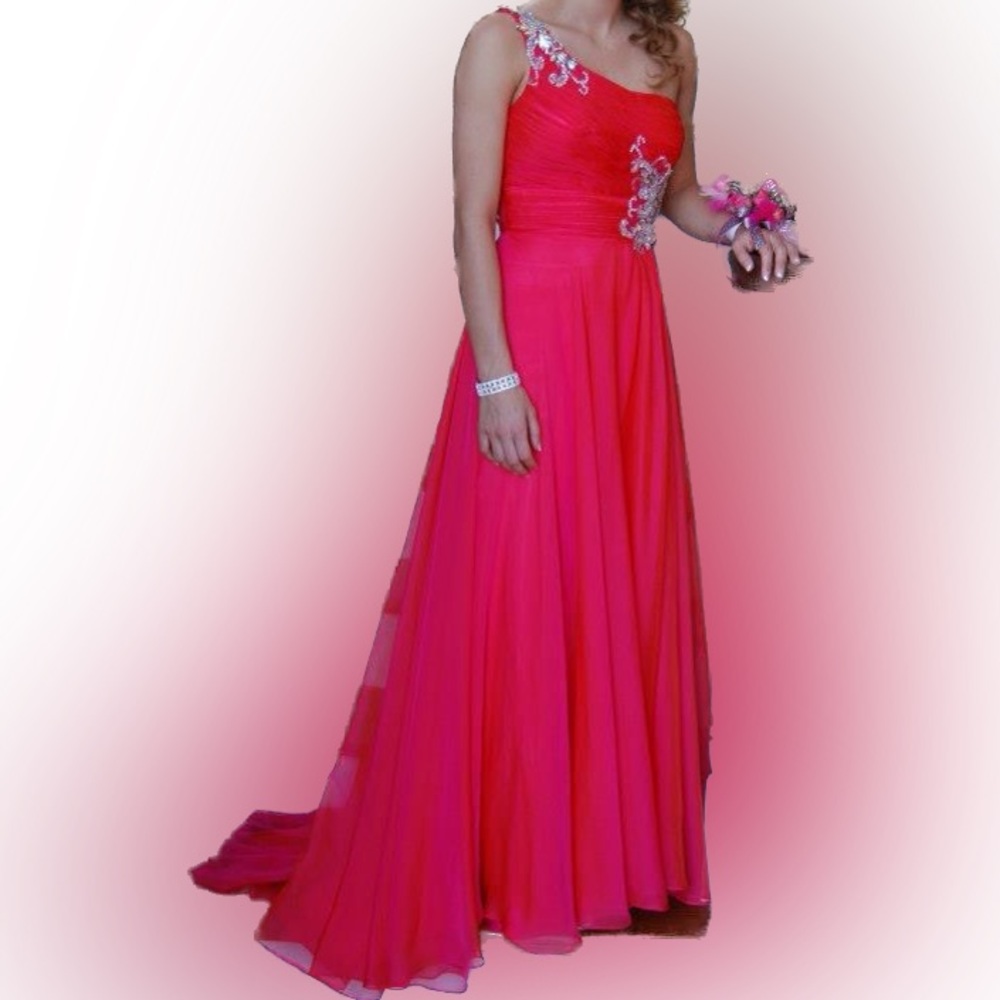 WORN ONCE. Beautiful iridescent pink dress. Size 2 Mac Duggal one shoulder. - Picture 1 of 3